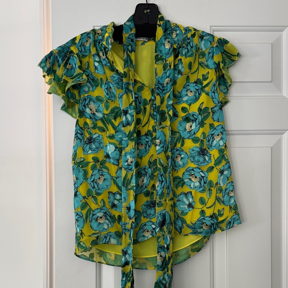 Alice + Olivia Floral Ruffle Blouse - Yellow and Blue